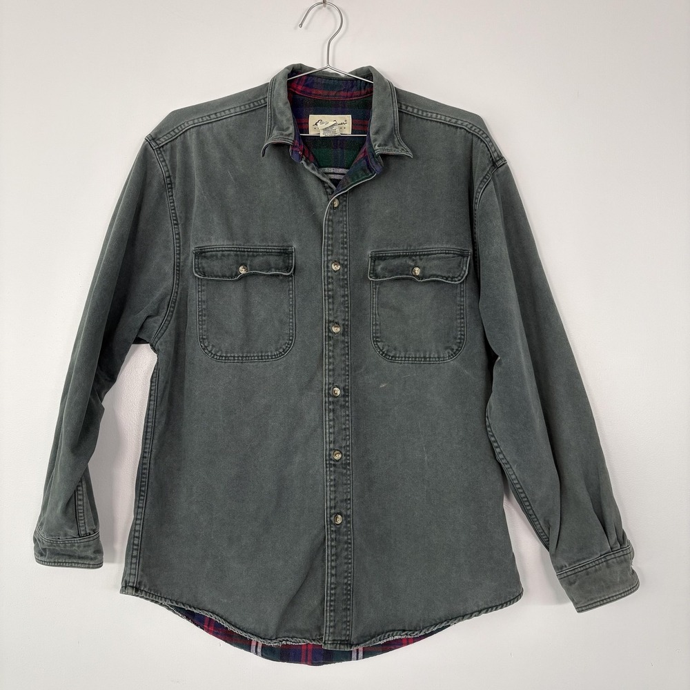 Vintage Eddie Bauer Shirt Jacket‎ Mens Medium Gray Denim Lined Snap Front USA